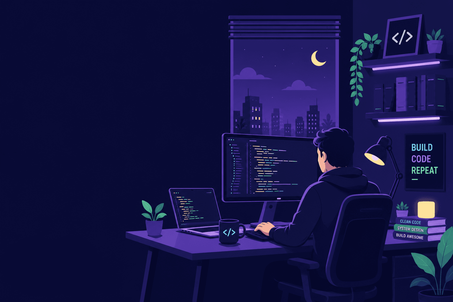 Illustration of Andrew coding at a dual-monitor desk late at night, city skyline and moon visible through the window.